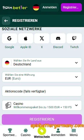 Registrierung über soziale Netzwerke bei SpinBetter