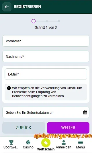 Registrierung per E-Mail bei SpinBetter – Schritt 1
